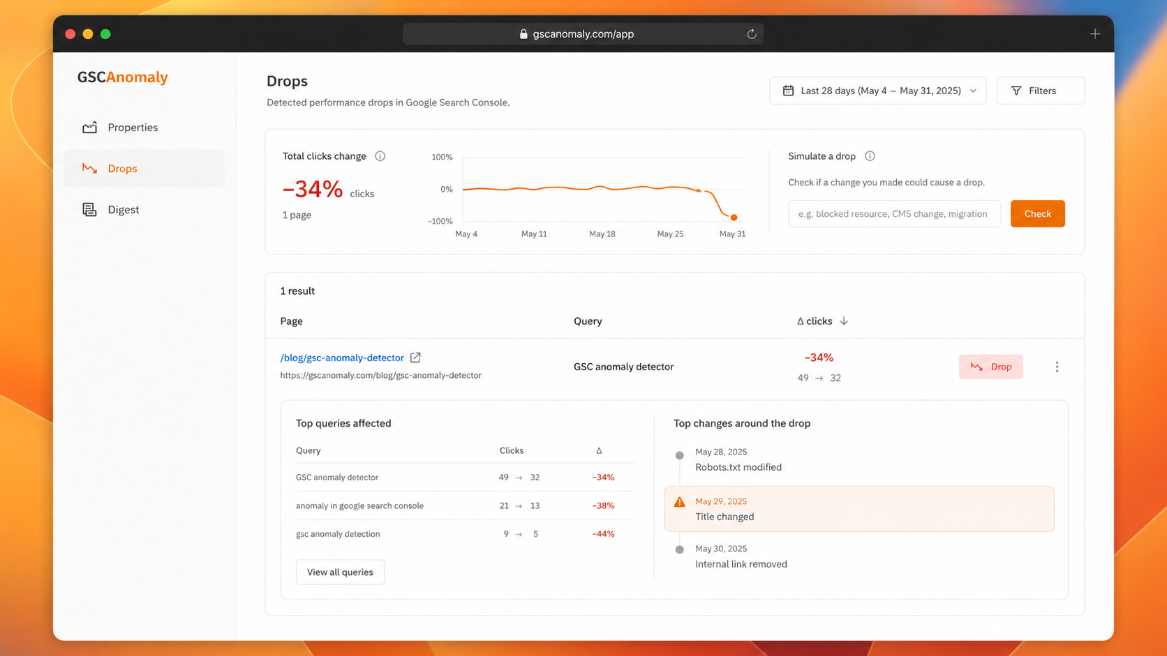 GSCAnomaly dashboard showing Search Console drop alerts